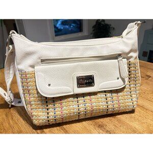 STONE & CO. Shoulder Bag White Faux Leather Multicolor Woven Straw Purse Boho